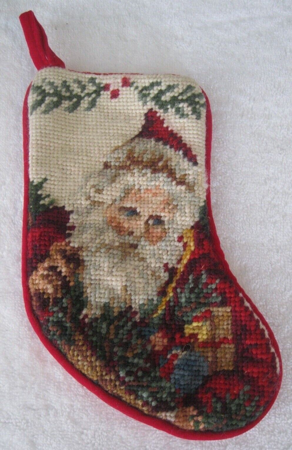 Handmade Christmas Stocking Santa Cross Stitch Baby Stocking Red 8 x 4 