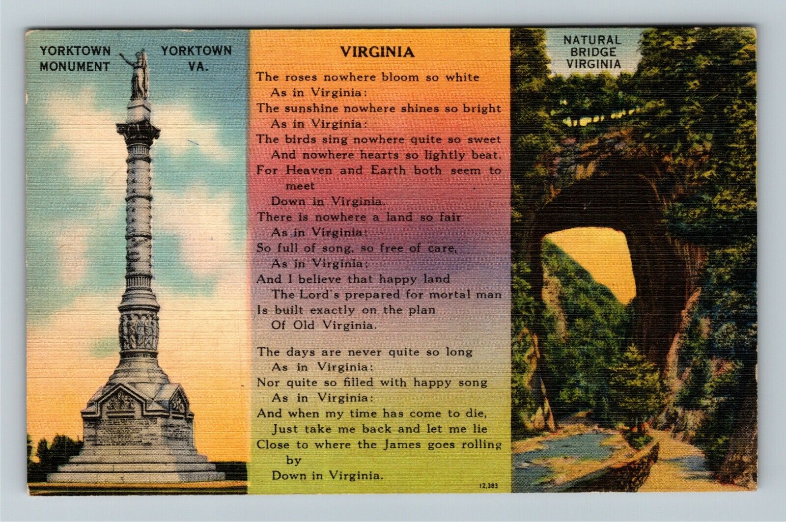 Yorktown VA-Virginia, Yorktown Memorial, Natural Bridge, Vintage Postcard