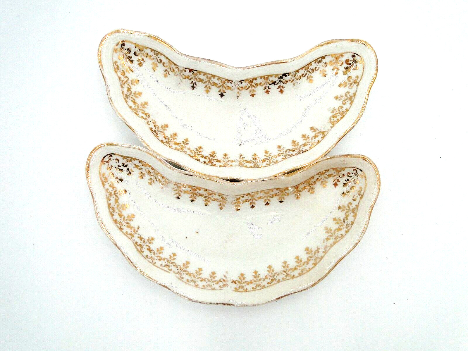 Antique K.T. & K Co 2pc crescent bone dishes semi vitreous porcelain gold design
