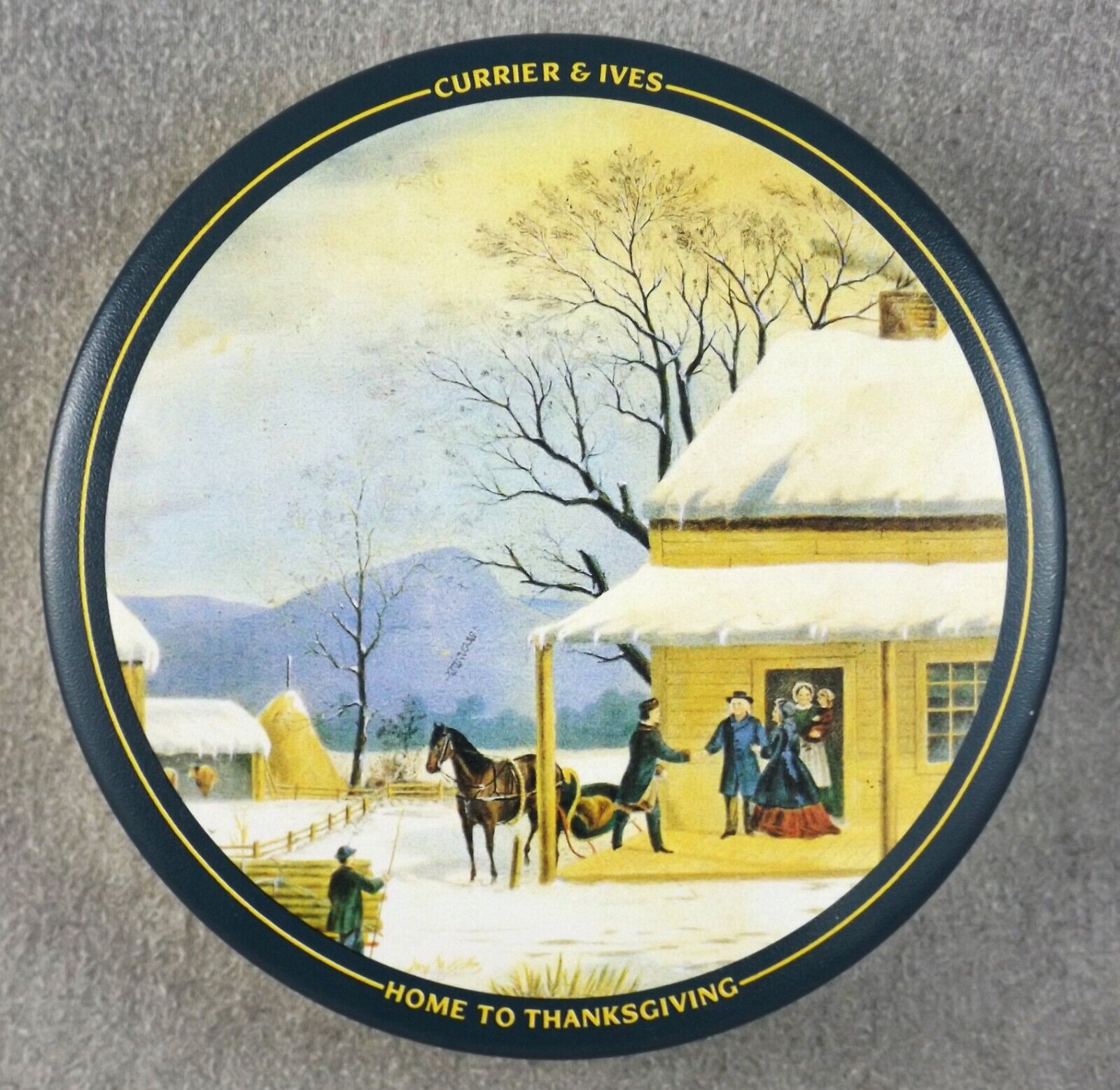 Vintage Currier and Ives 6.5” Round Cookie Tin with Lid – Home to Thanksgiving