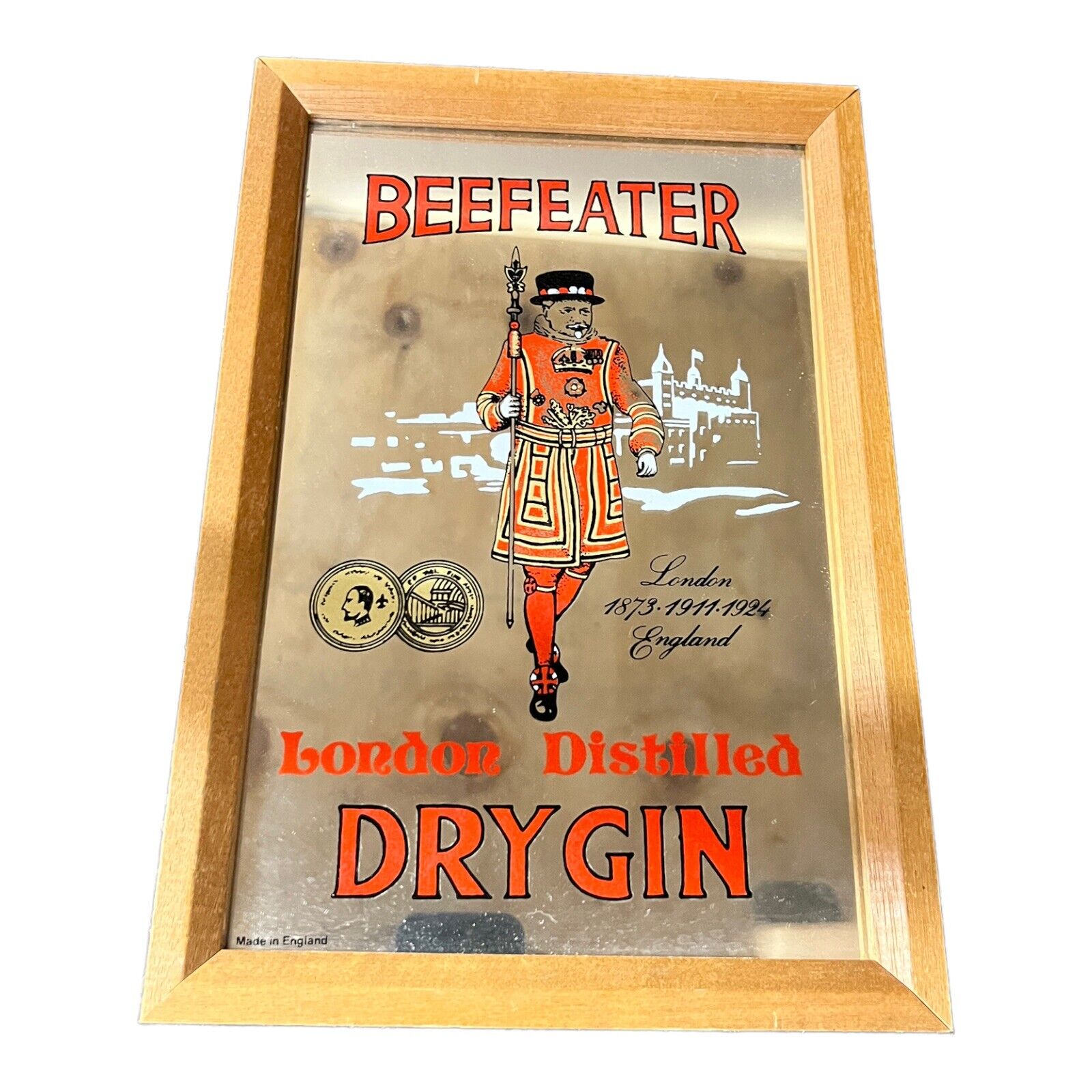 Vintage Beefeater Dry Gin Mirror Sign Wood Frame Made in England 13 x9 Great