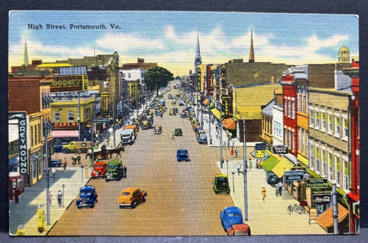 Postcard Portsmouth Virginia High Street  Old Cars Vintage VA