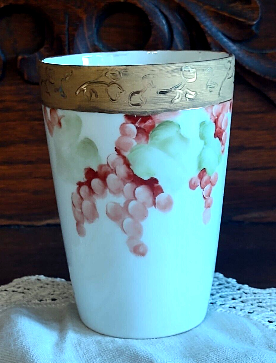 Cup Porcelain Drinking Glass Hand Painted Grapes Gold Gilt Rim Marilyn Langbehn