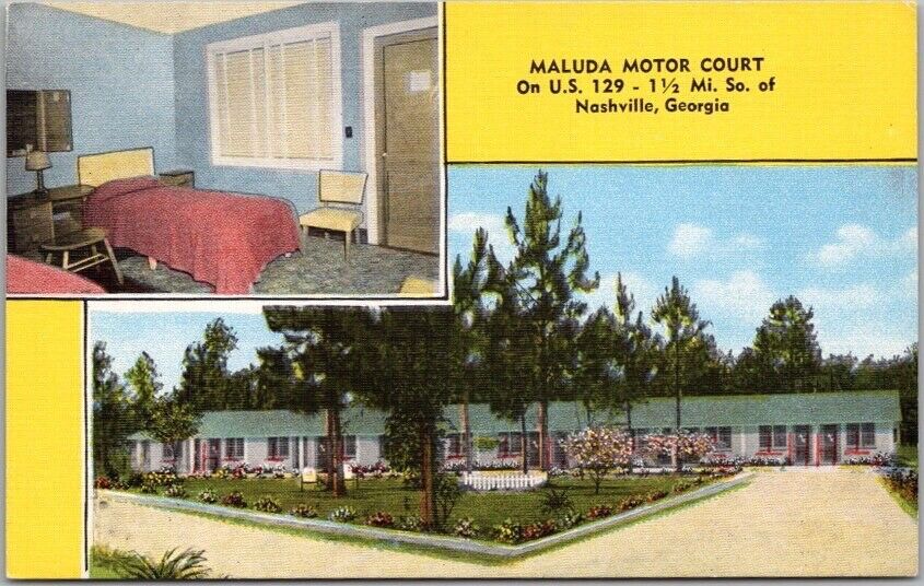 1950s Nashville, Georgia Postcard MALUDA MOTOR COURT Route 129 - Kropp Linen