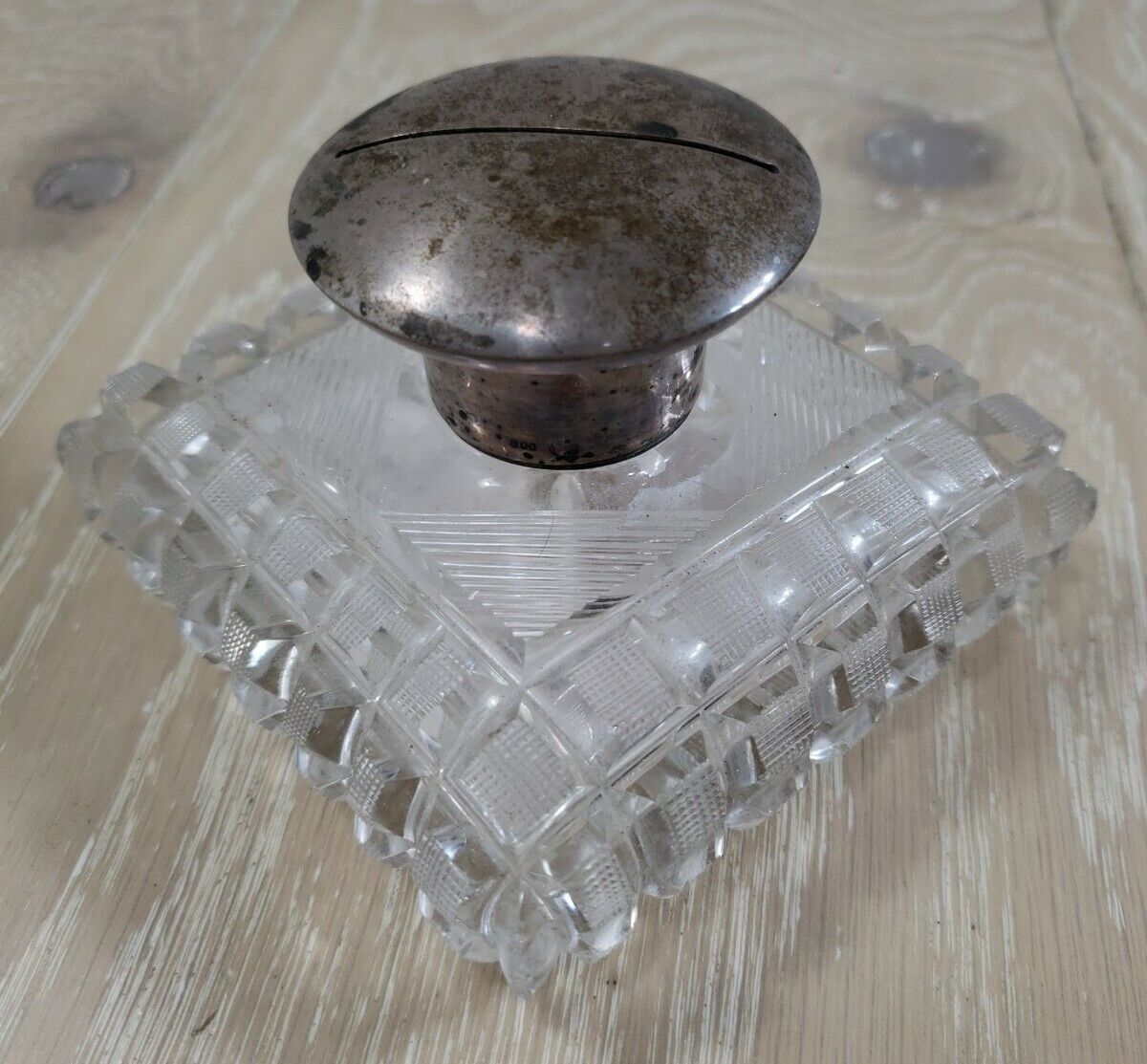 Antique 800 German Silver Cut Crystal Lid Rim Stamped Powder Bottle