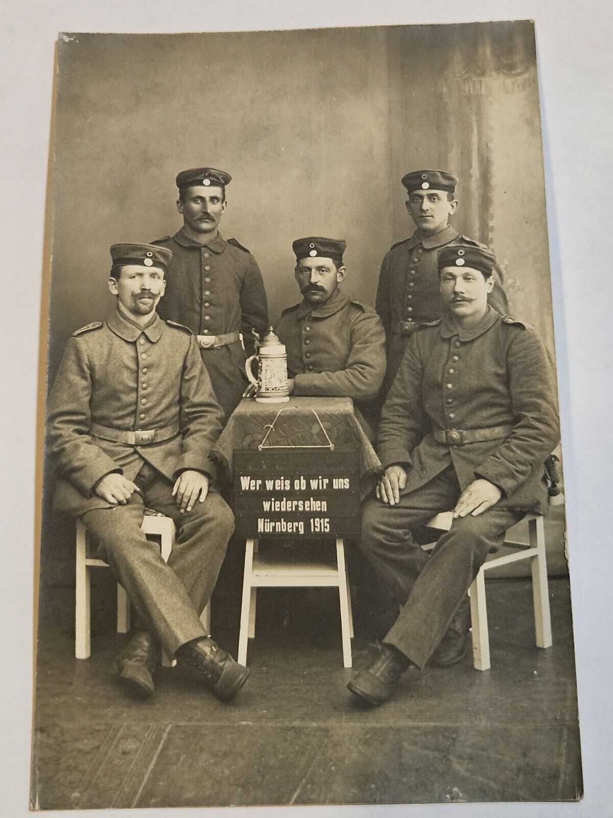 1915 era RPPC Photo Postcard of 5 Men In Uniform  - Very Clean