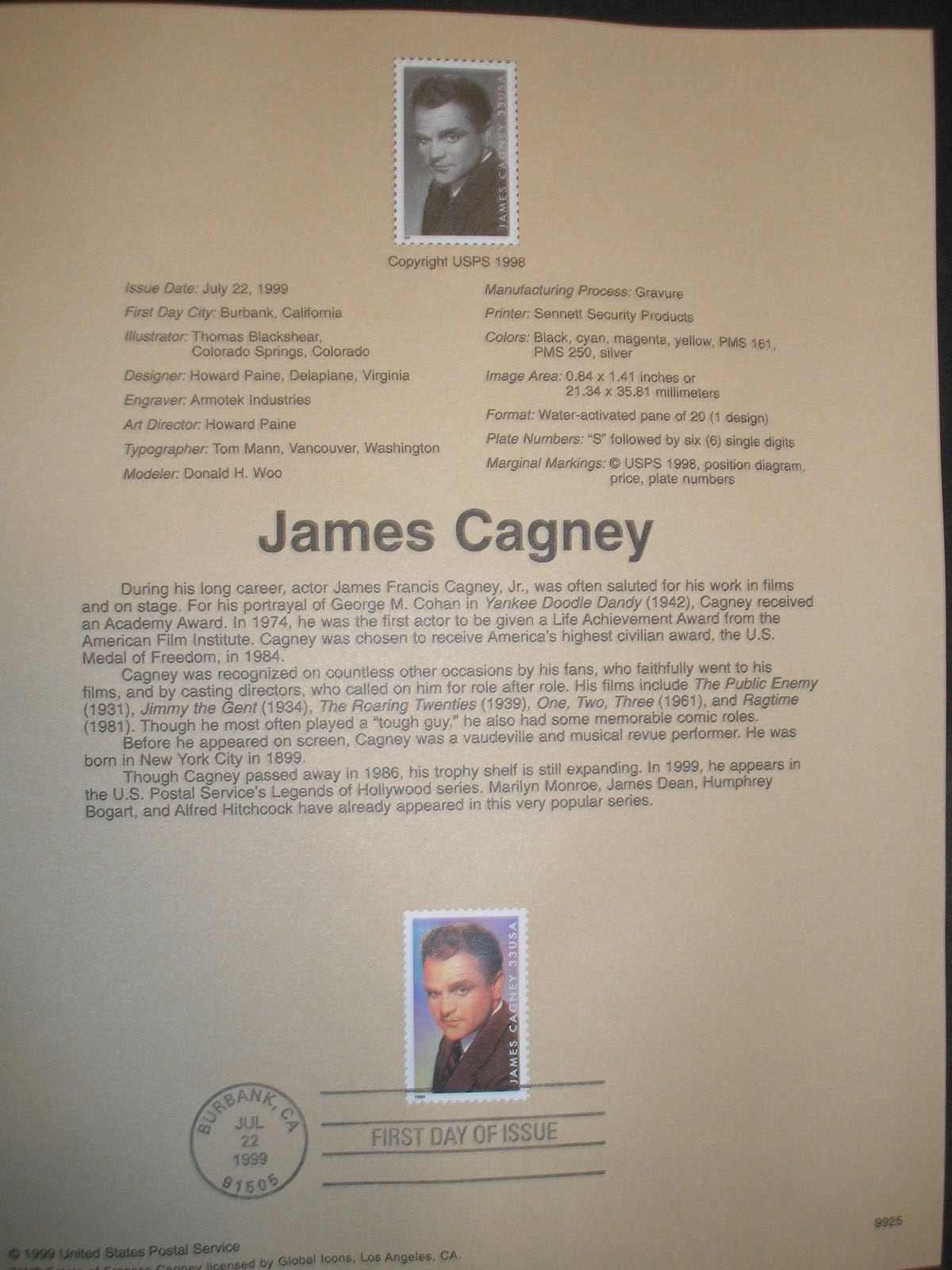 USPS Souvenir Page for .33 Scott 3329 James Cagney Stamp.