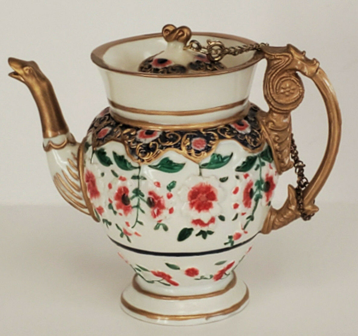 Nini Miniature Teapot Floral Urn Shaped Chain Golden Goose Spout #6-2 Cloisonne