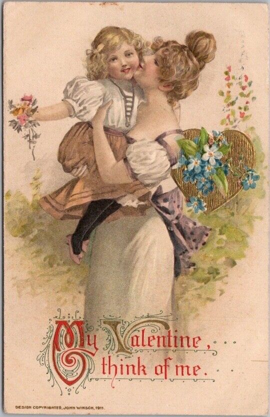 1913 Winsch VALENTINE\'S DAY Embossed Postcard Mother & Daughter Artist SCHMUCKER