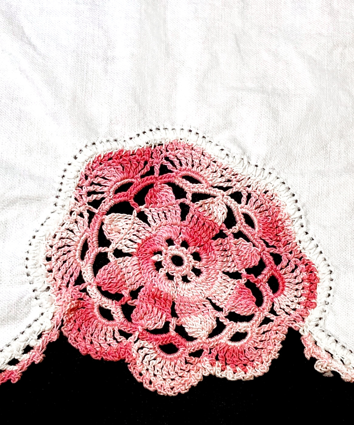 Antique 9 Piece Pink & White Hand Embroidered Linen Set (F12)