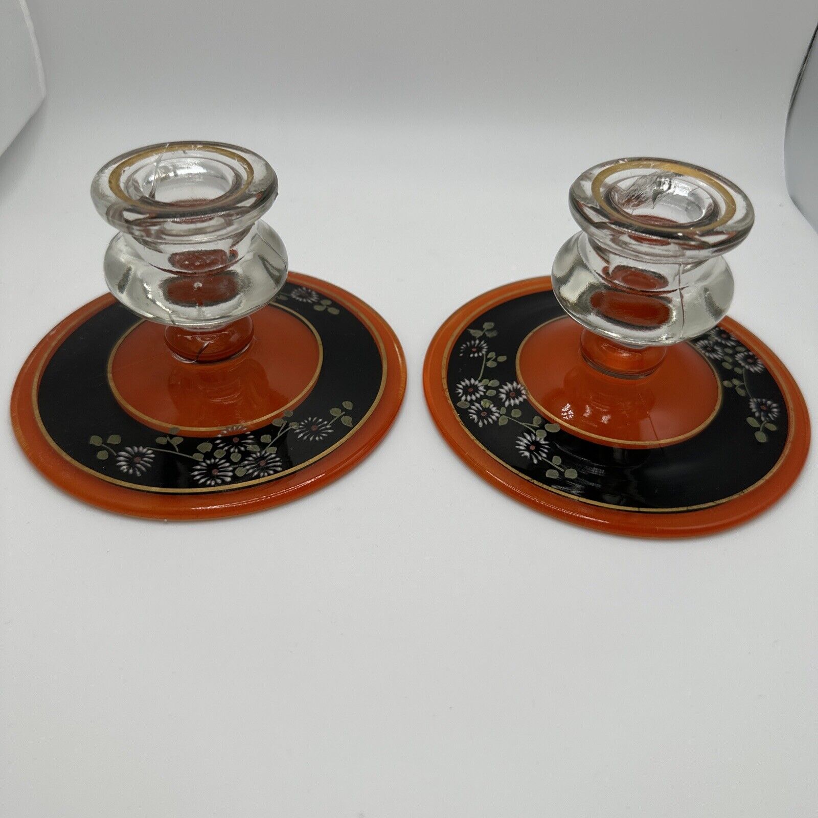 Two Vintage Lancaster Reverse Painted Art Deco Candle Holders 
