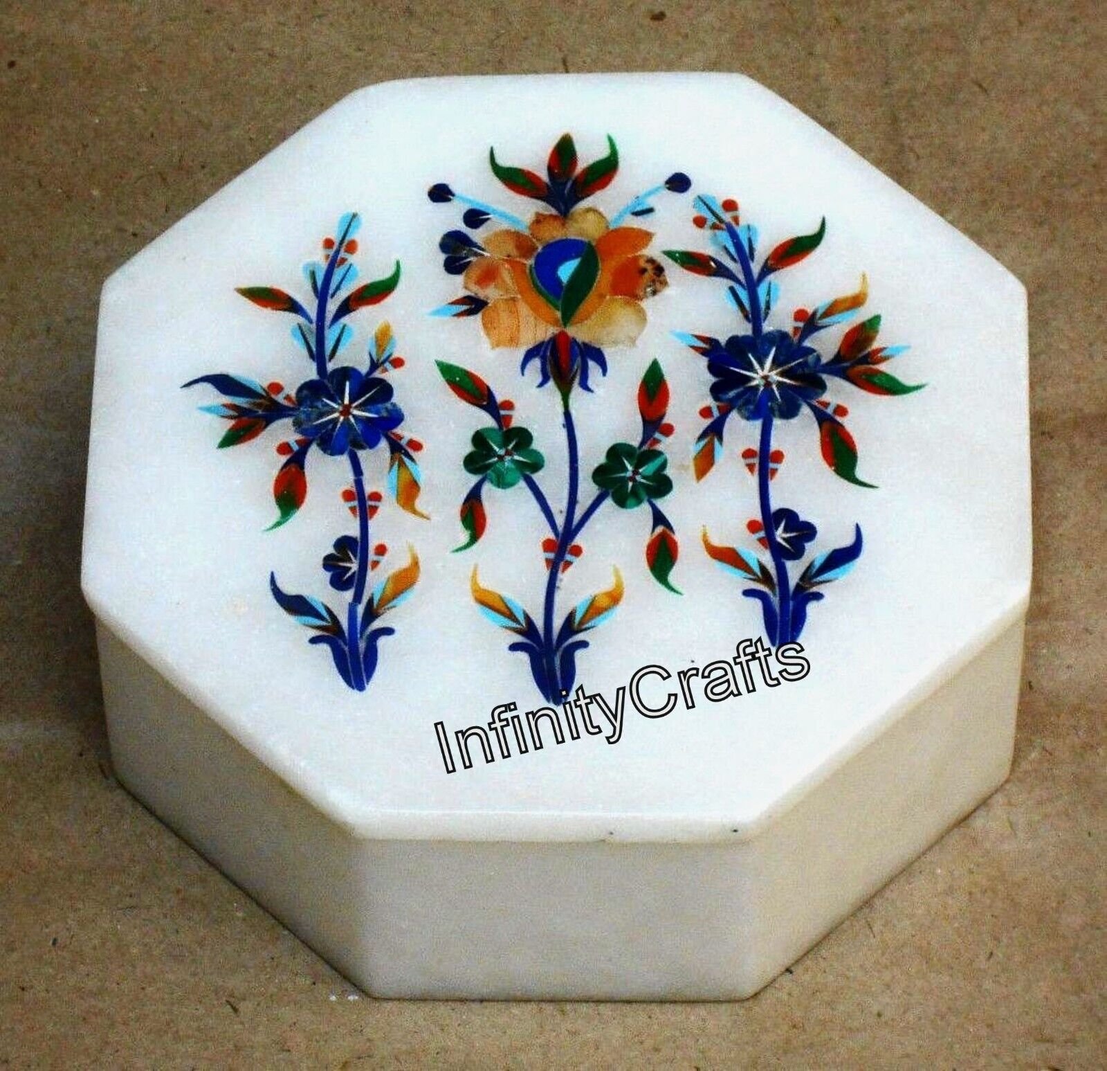 Octagon Marble Trinket Box Beautiful Pattern Inlay Work Color Box for Study Room