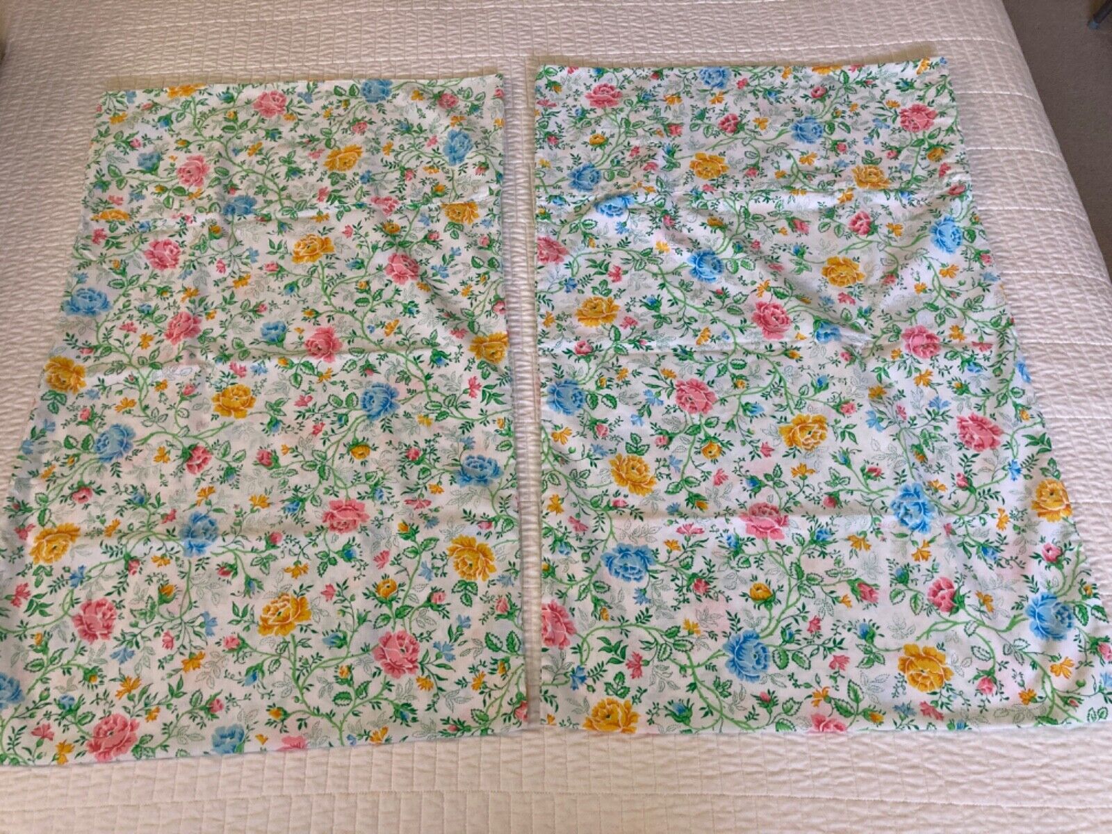 2 Vintage Pink Blue Yellow Floral Standard Pillowcases JC Penny Juliet Pair