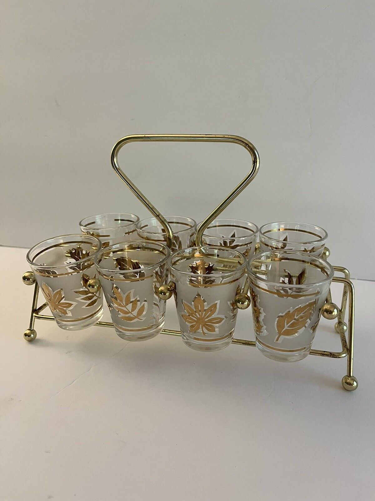 Vintage Mid-Century Golden Foliage Shot Glasses Serving Caddy Set of 8 MCM Bar
