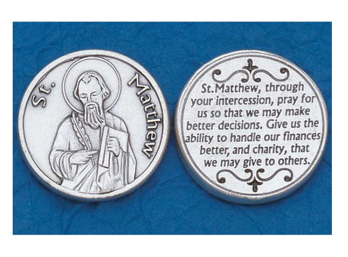 Saint St. Matthew with Prayer - Silver tone  Pocket Coin 