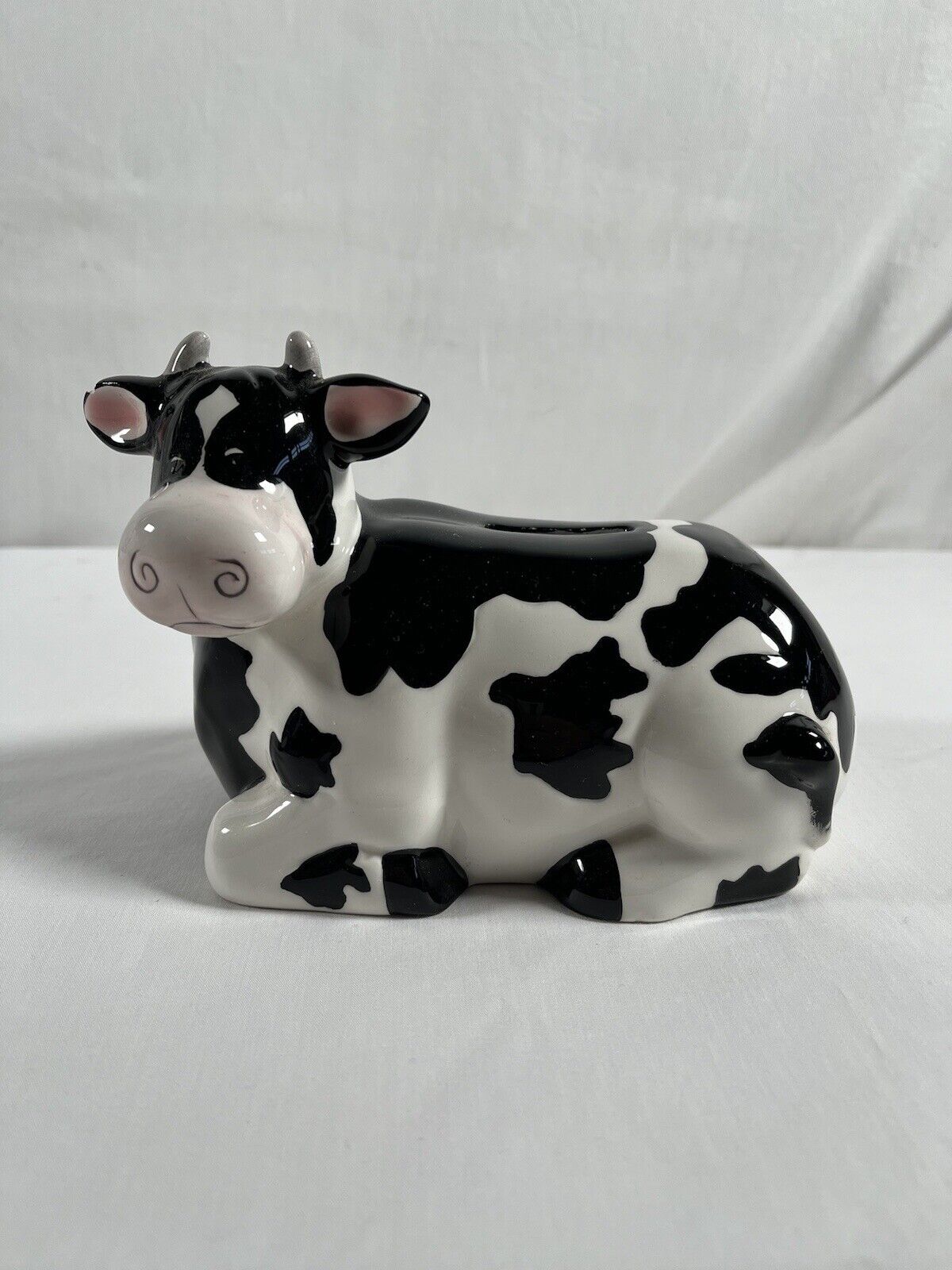 Porcelain Cow Piggy Bank With Stopper Black White READ