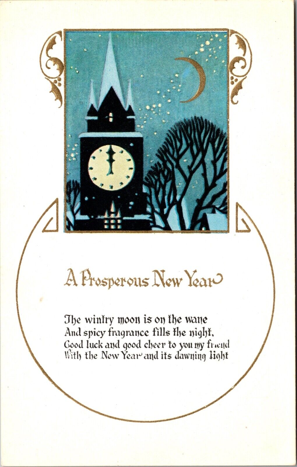 A Prosperous New Year Greetings  Winter Clocktower Gold Embossed P.UN.  (A376)
