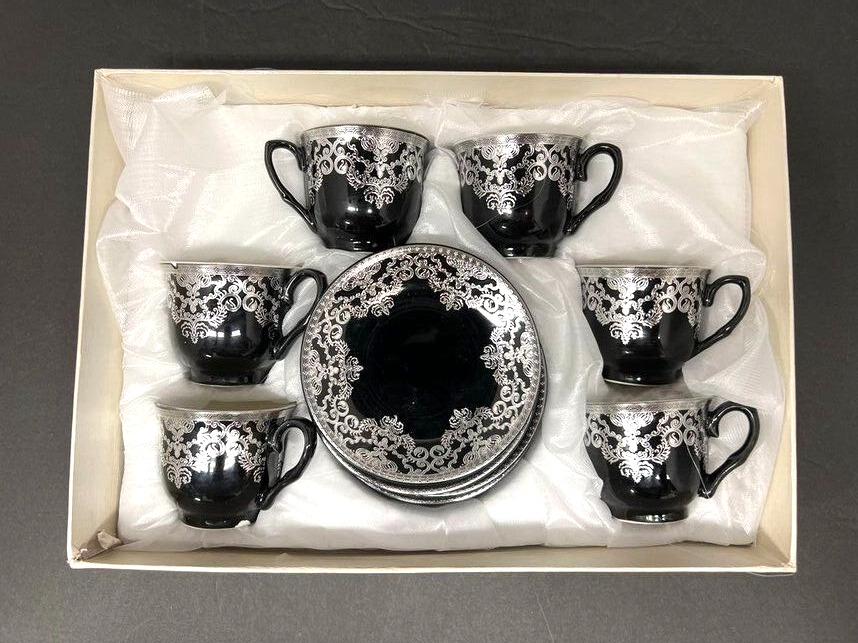 Vintage 12pc Demitasse Cup & Saucer Set-Black w/ Silver Trim 4 1/4 x 2 3/8\