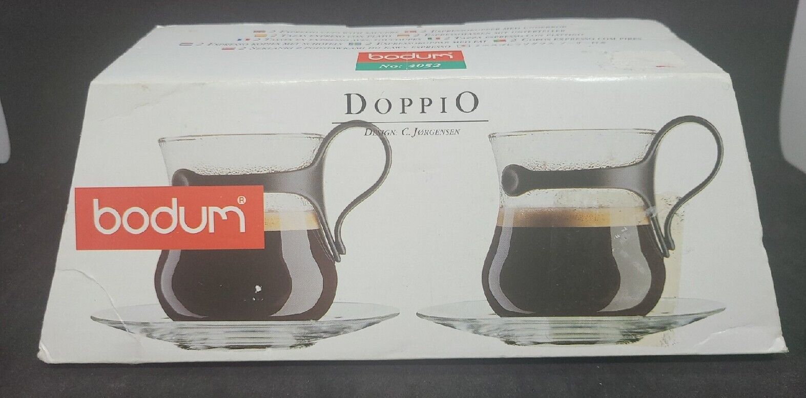 Bodum Doppio Two Espresso Cups with Saucers Item #4052 NIB Lite Brown Handles 