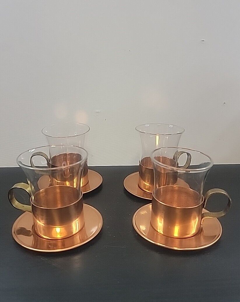 Vintage Benjamin And Medwin Copper & Glass Demitasse Irish Coffee Cups 4 Pc