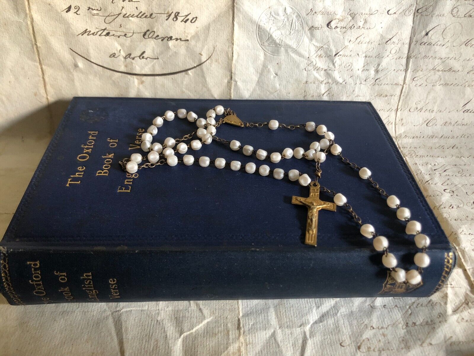 Pretty Antique French 59 White Round Glass Pearlised Bead Child\'s Rosary c1900