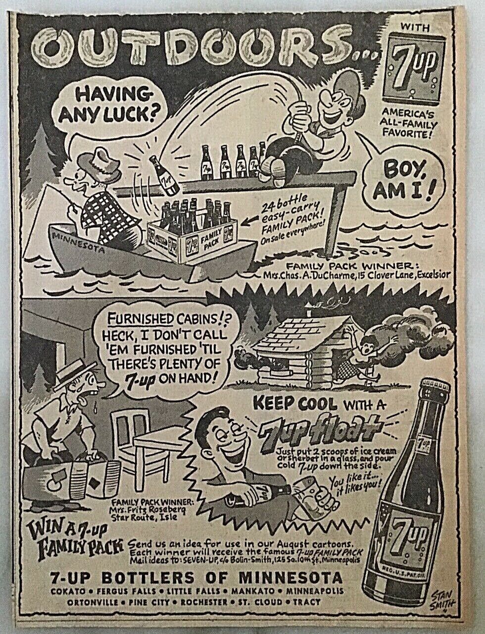1950 newspaper ad for Seven Up, 7Up soda - Outdoors with 7Up, Stan Smith cartoon