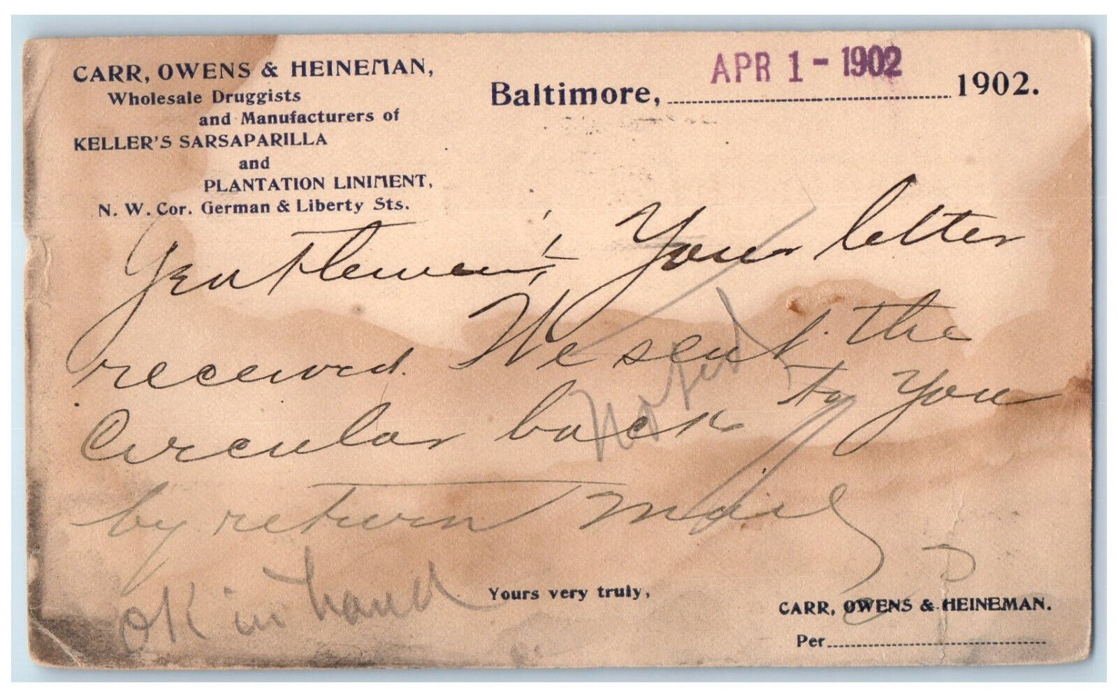 1902 Carr Owens & Heineman Wholesale Druggists Baltimore Maryland MD Postal Card