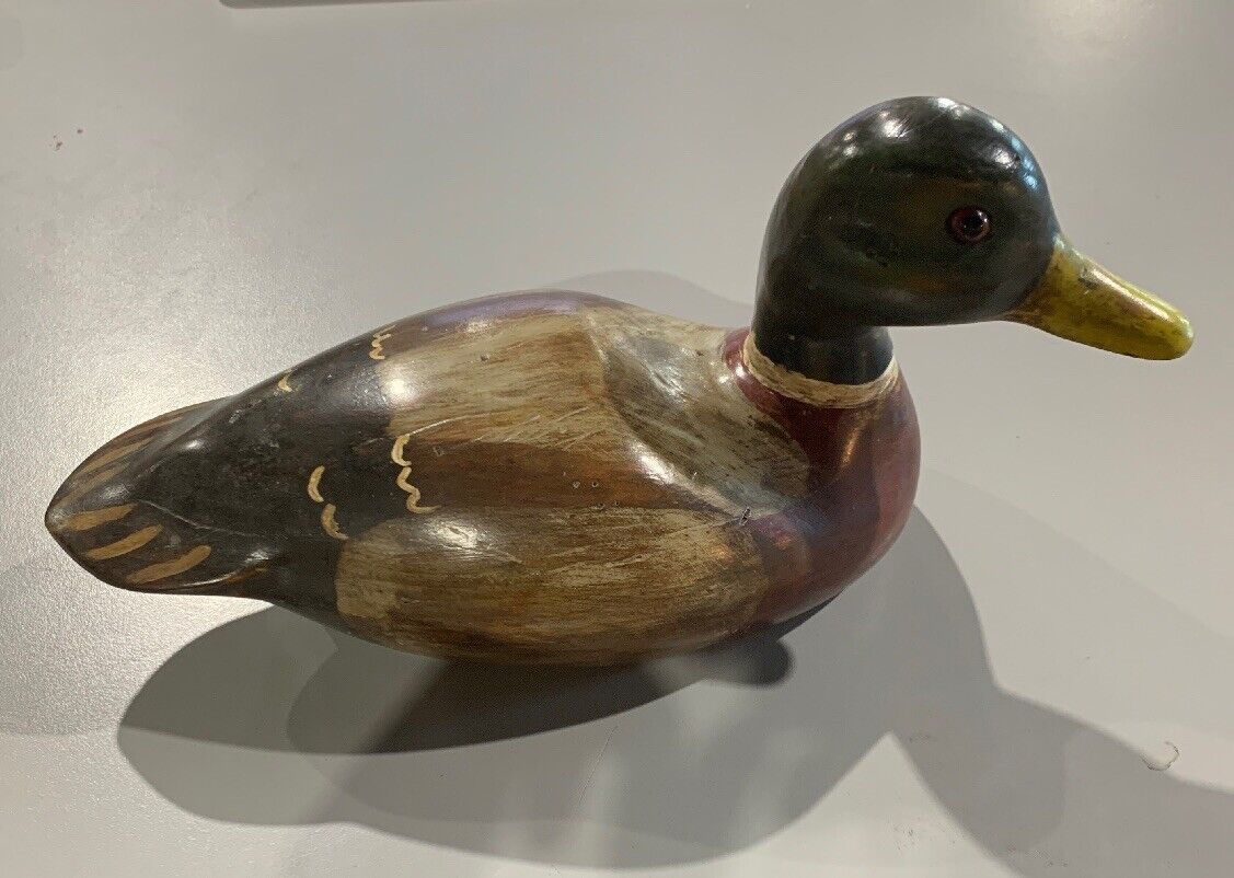 Wooden Mallard Carved Signed X 1986 Glass Eyes 11 3/4 x 5 x 5 3/4