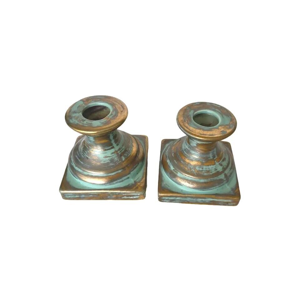 Set of 2 Vintage Square Small Ceramics Bisque Candlesticks Candleholders Green