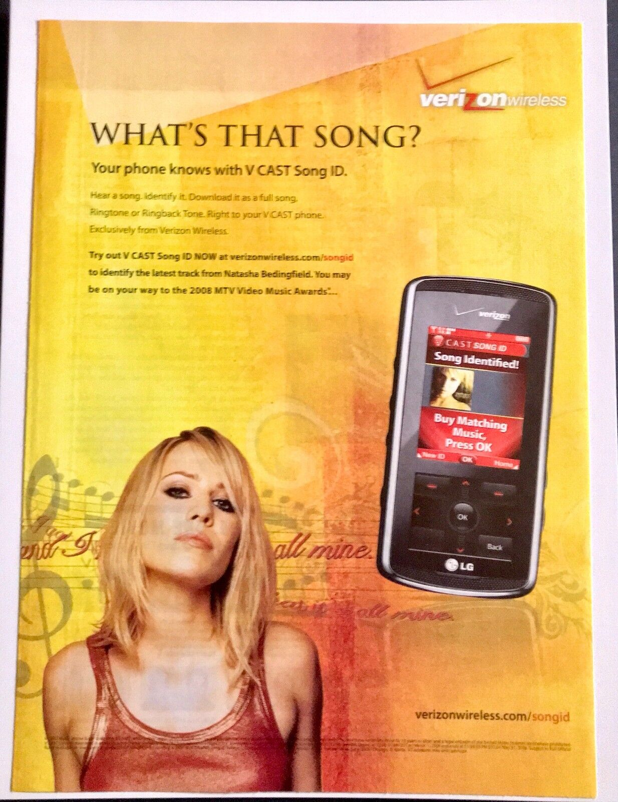 2008 Verizon Wireless V Cast Natasha Bedingfield PRINT AD Advertisement