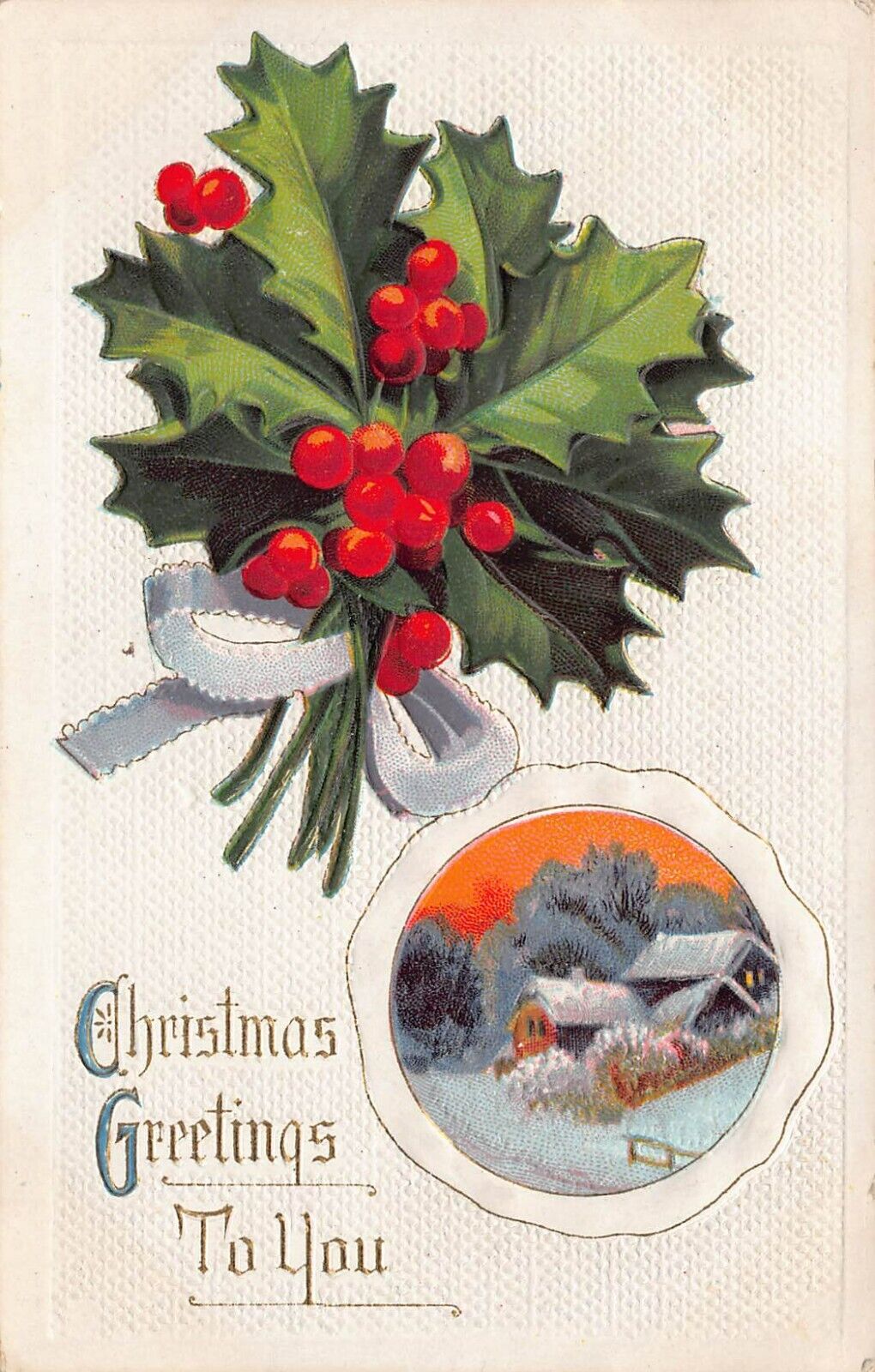 Antique Christmas Greetings Embossed Rural Dickensian Bow Holly Vtg Postcard R4