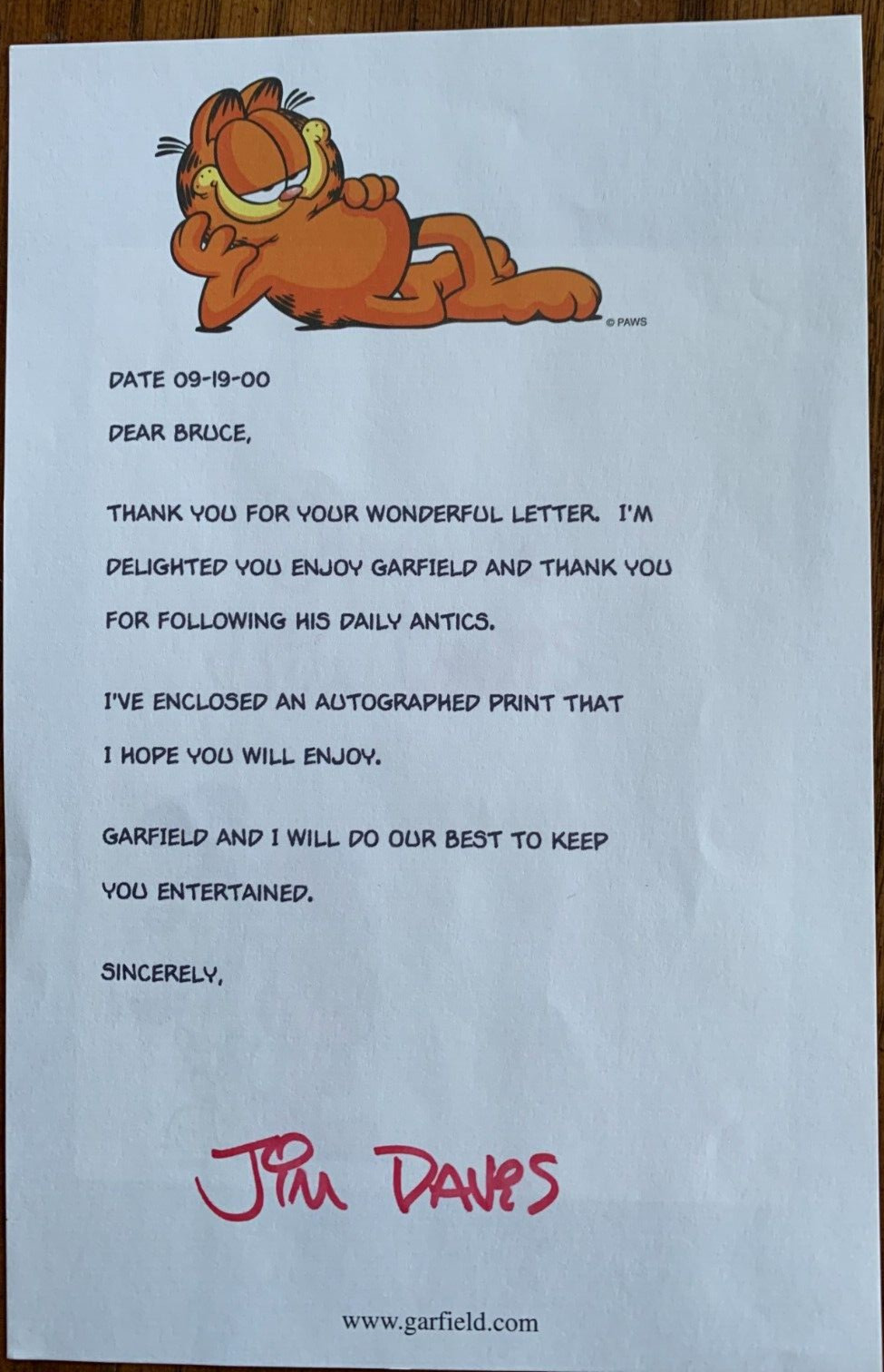 Jim Davis Autographed Letter & Print 9/19/ 2000 Guaranteed Authentic Garfield