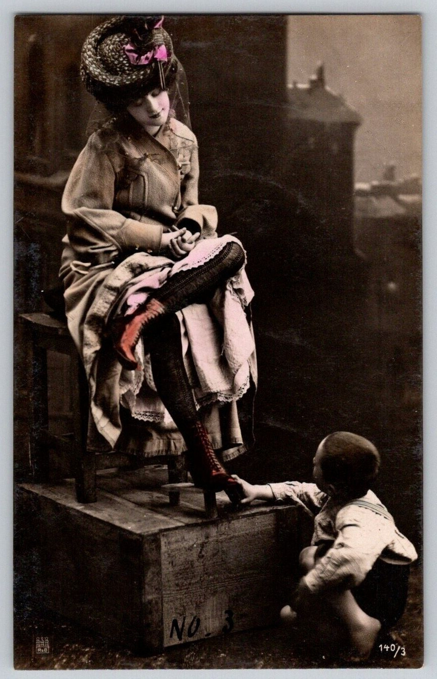 Antique Colored RPPC Postcard~ Fancy Woman & Little Shoe Shine Boy