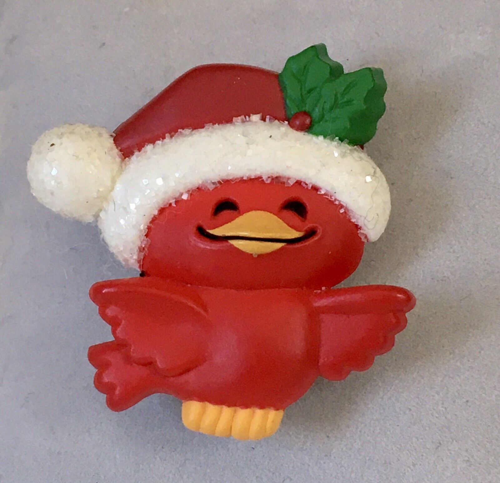 Hallmark CARDINAL Bird PIN Christmas Santa Hat Holly 1982 Vintage Brooch