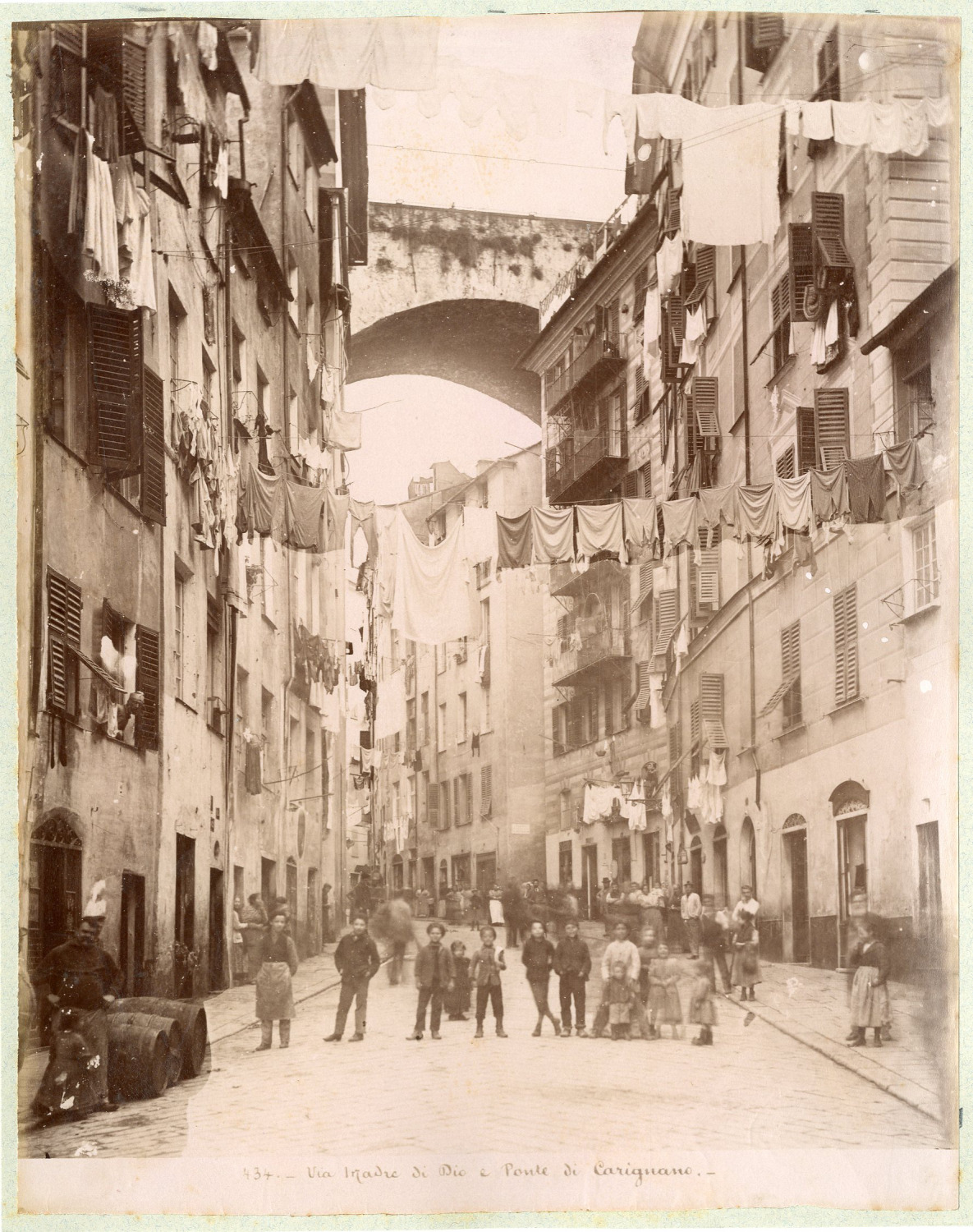 Italy, Genoa, Via Madre di Dio and Ponte di Carignano vintage albumen print. Vi