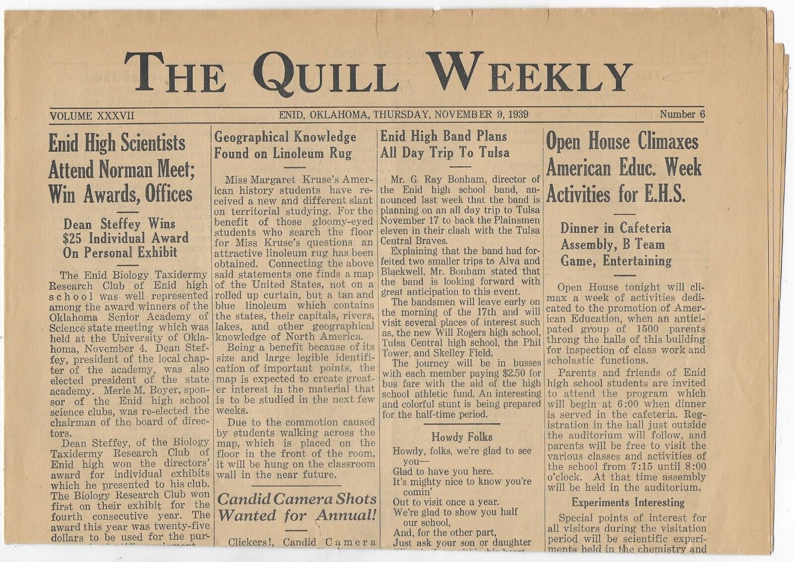 Vintage Nov 9th 1939  High School Newspaper \