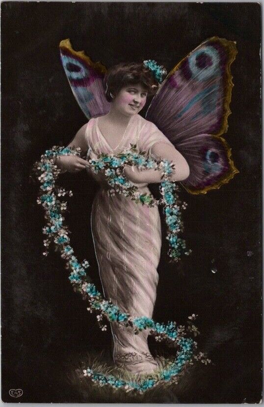 c1910s FANTASY Postcard Pretty Lady / Fairy with Butterfly Wings / Embossed RPPC