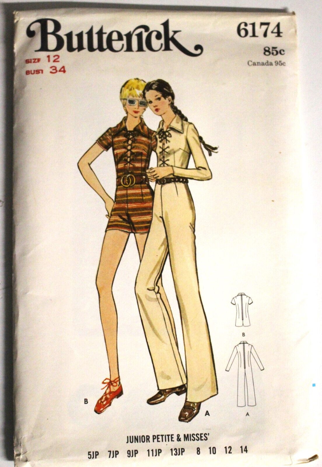 Butterick 6174 Front Laced Jumpsuit Micro-Mini Evening Length 1970s Pattern S 12
