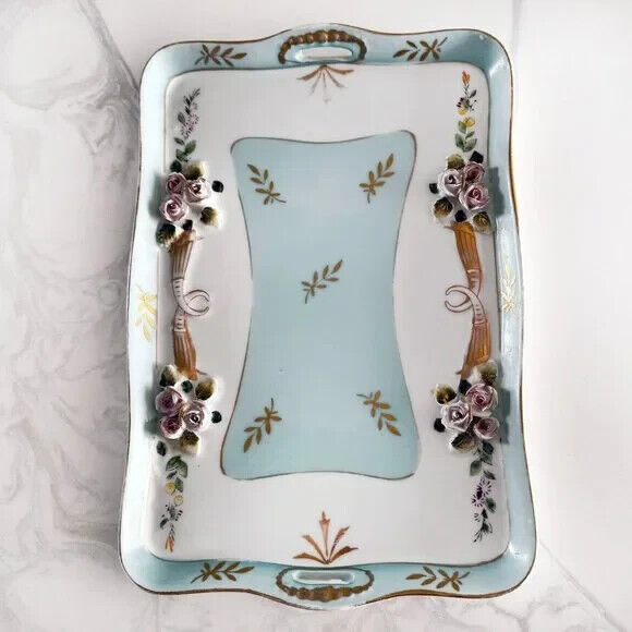 Antique Hand Painted Porcelain Vanity Dresser Tray