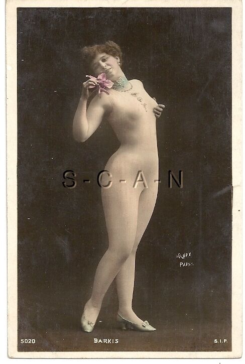 Original 1905-17 French Divided Back RPPC- Color- Nude Woman- Barkis- Hold Chest