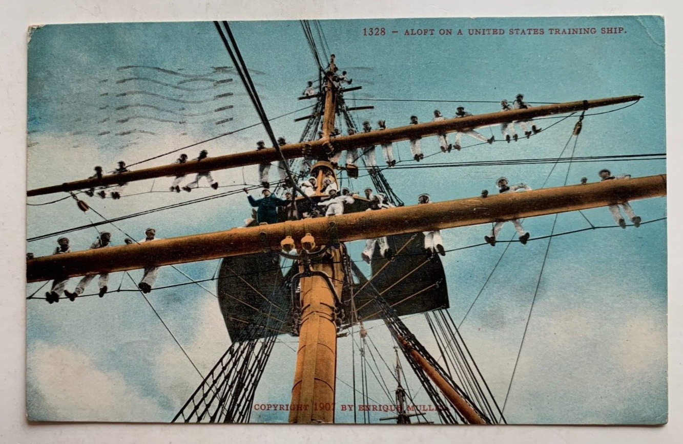 1908 Ship Postcard Aloft on a United States Training Ship Navy Sailors Rigging