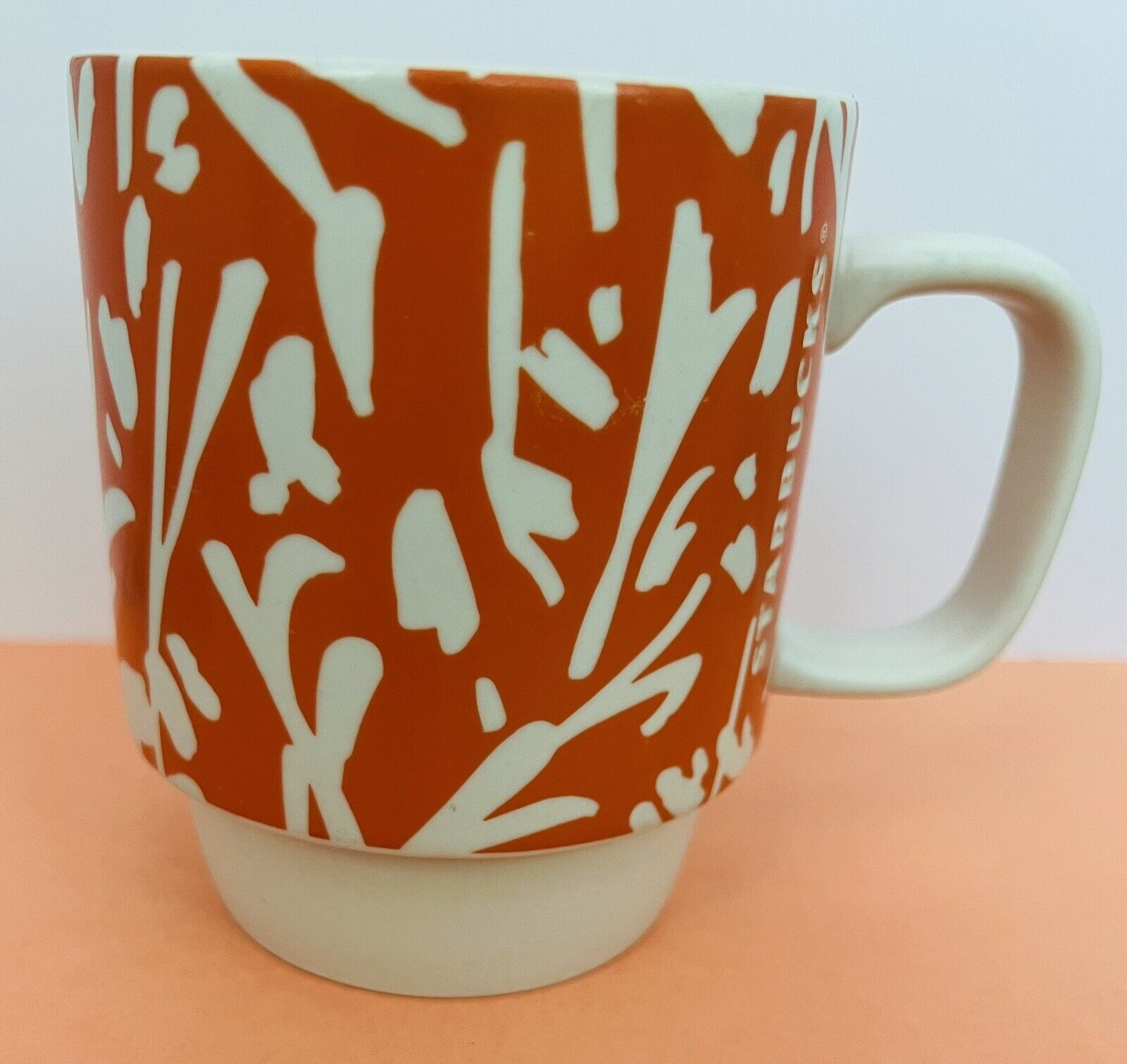 2016 Starbucks Spellout Orange Abstract Floral Ceramic 12 oz Coffee Mug 
