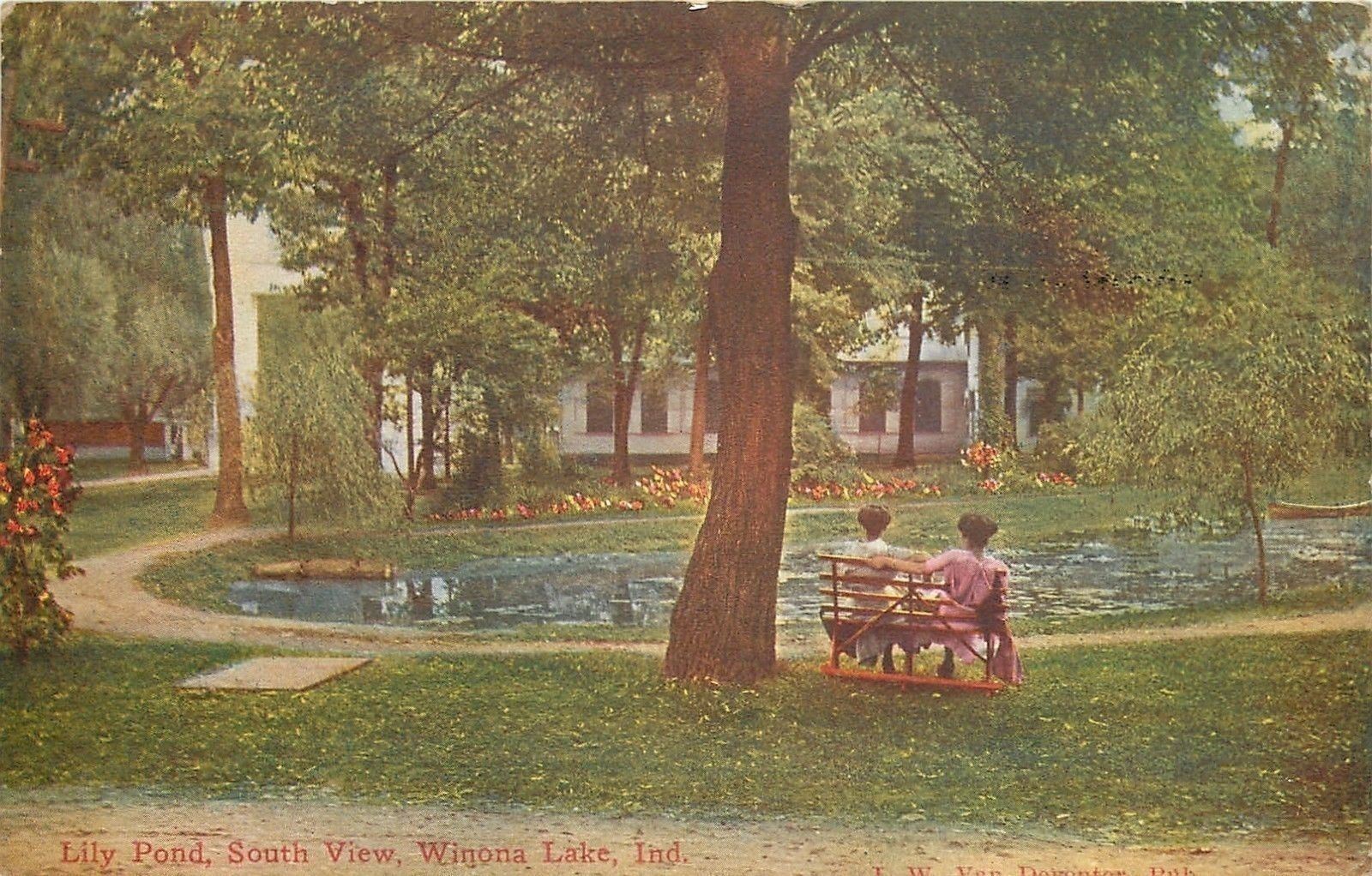 Winona Lake Indiana~Ladies on Bench~Lily Pond South View~1910 PC