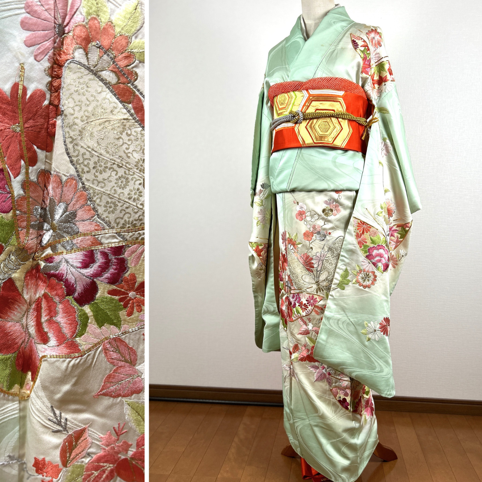 【Excellent】vintage japanese kimono、hurisode, butterfly  embroidery,