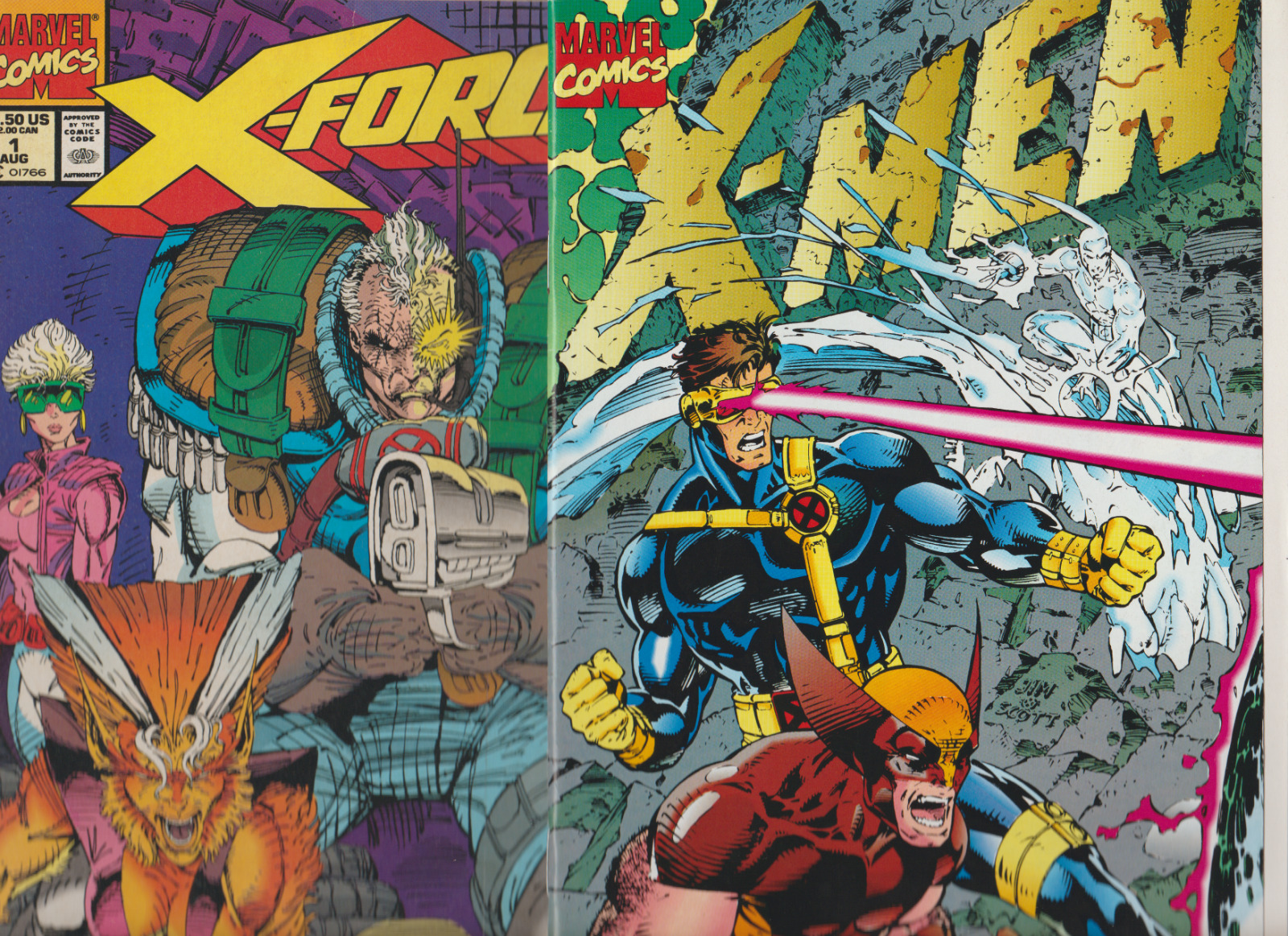 X-Men #1 (1991) JIM LEE GATEFOLD COVER + X-FORCE #1 ROB LIEFELD 90\'S FAMOUS LOT