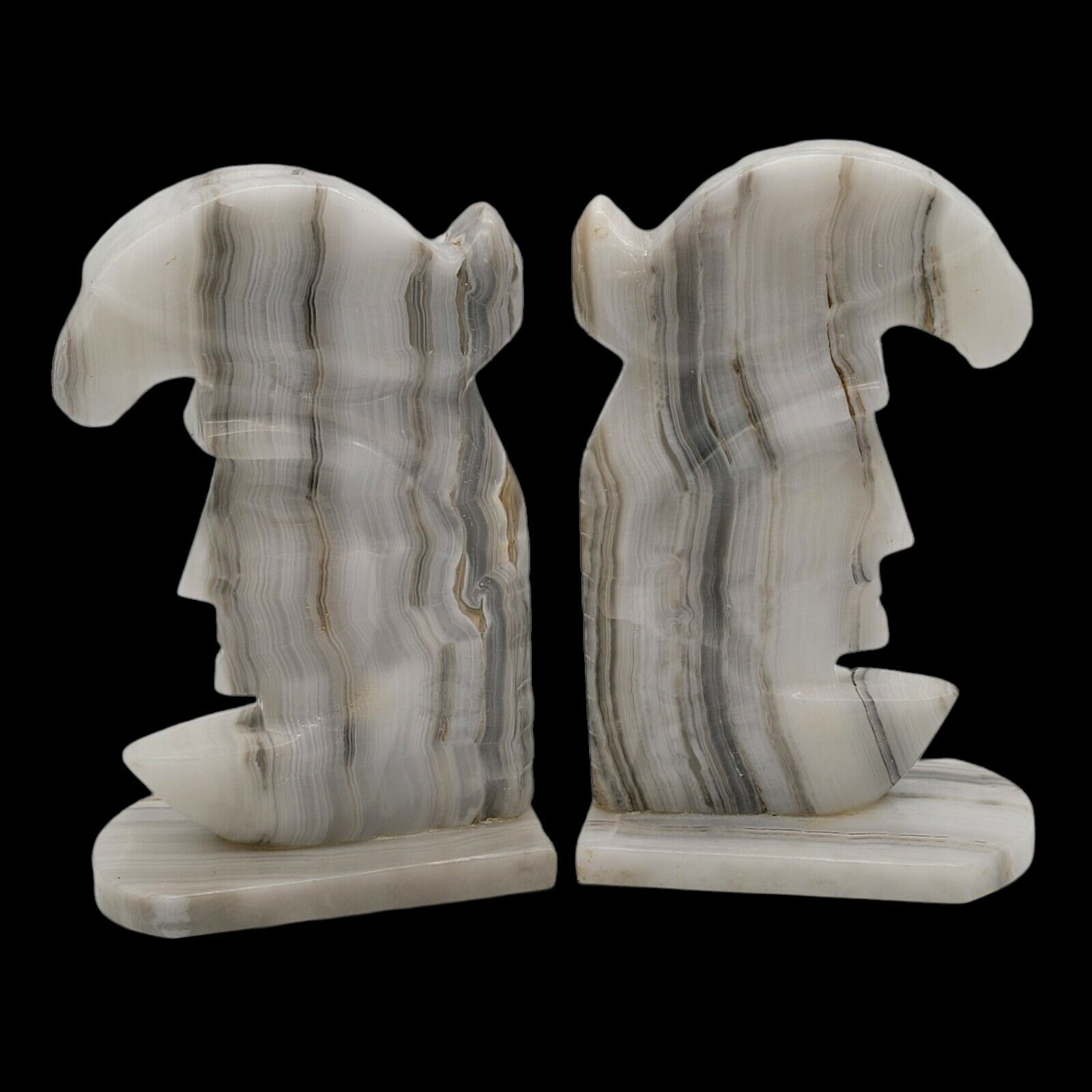 Vintage Hand Carved Heavy Onyx Marble Aztec Warrior Head Moon Bookends