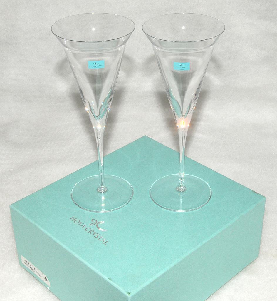 HOYA ~ Art OPTIC Crystal Pair CHAMPAGNE WINE FLUTES GLASSES *NEW in BOX FLAWLESS