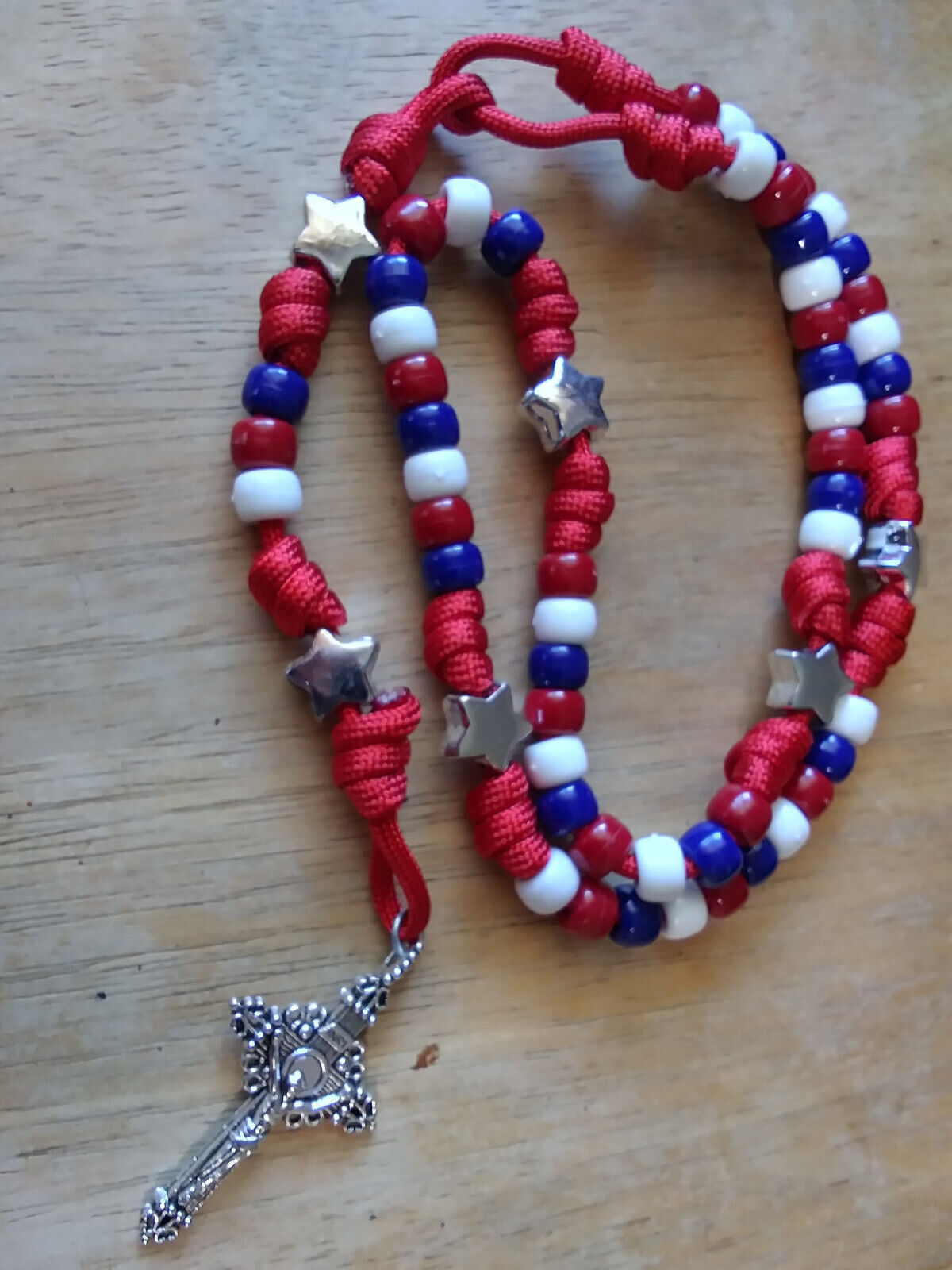 Patriotic PARACORD ROSARY Red White Blue Beads Silver Star USA Flag Colors
