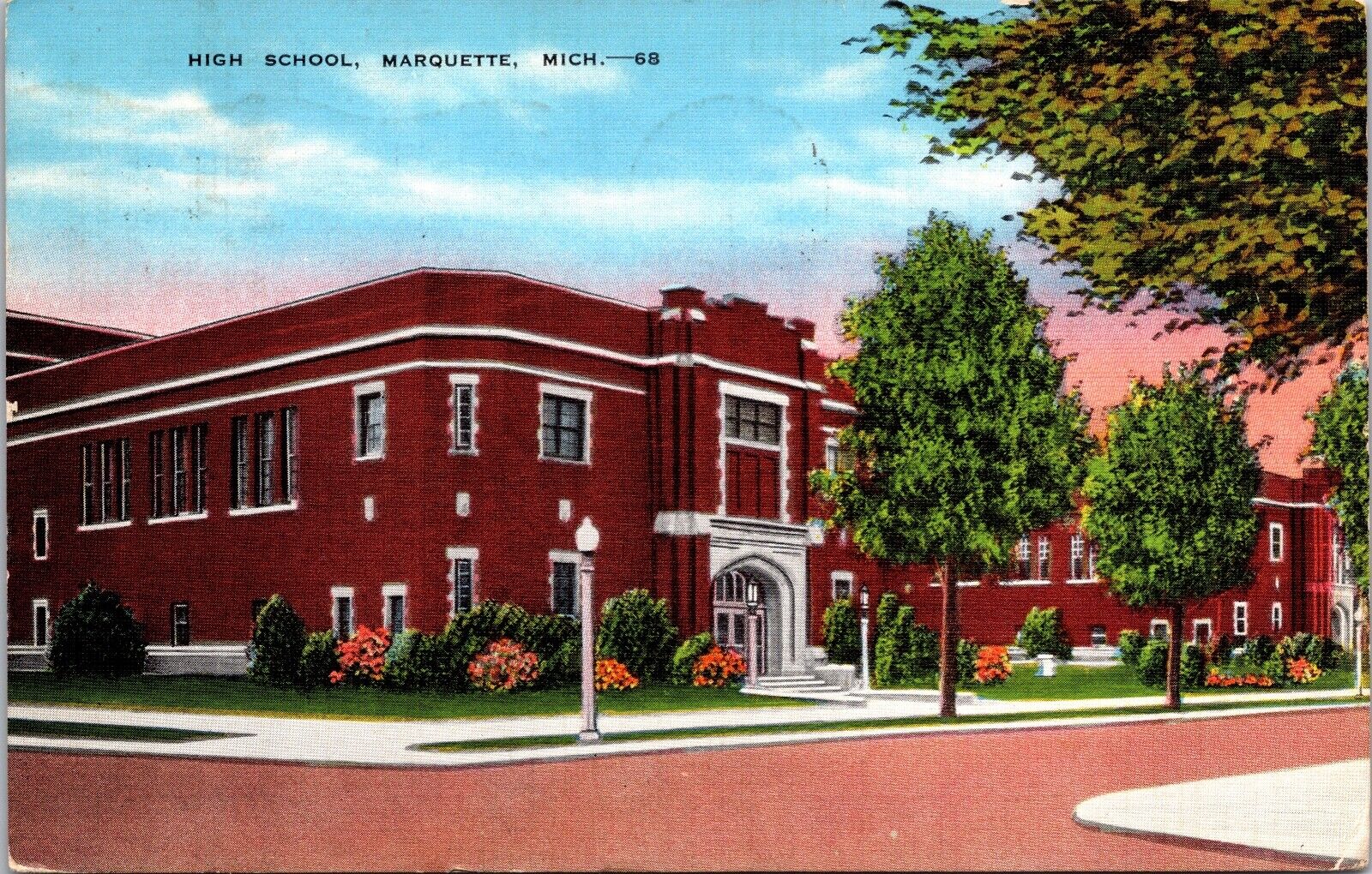 1953 Marquette Michigan High School  Vintage Posted Linen Postcard 10F