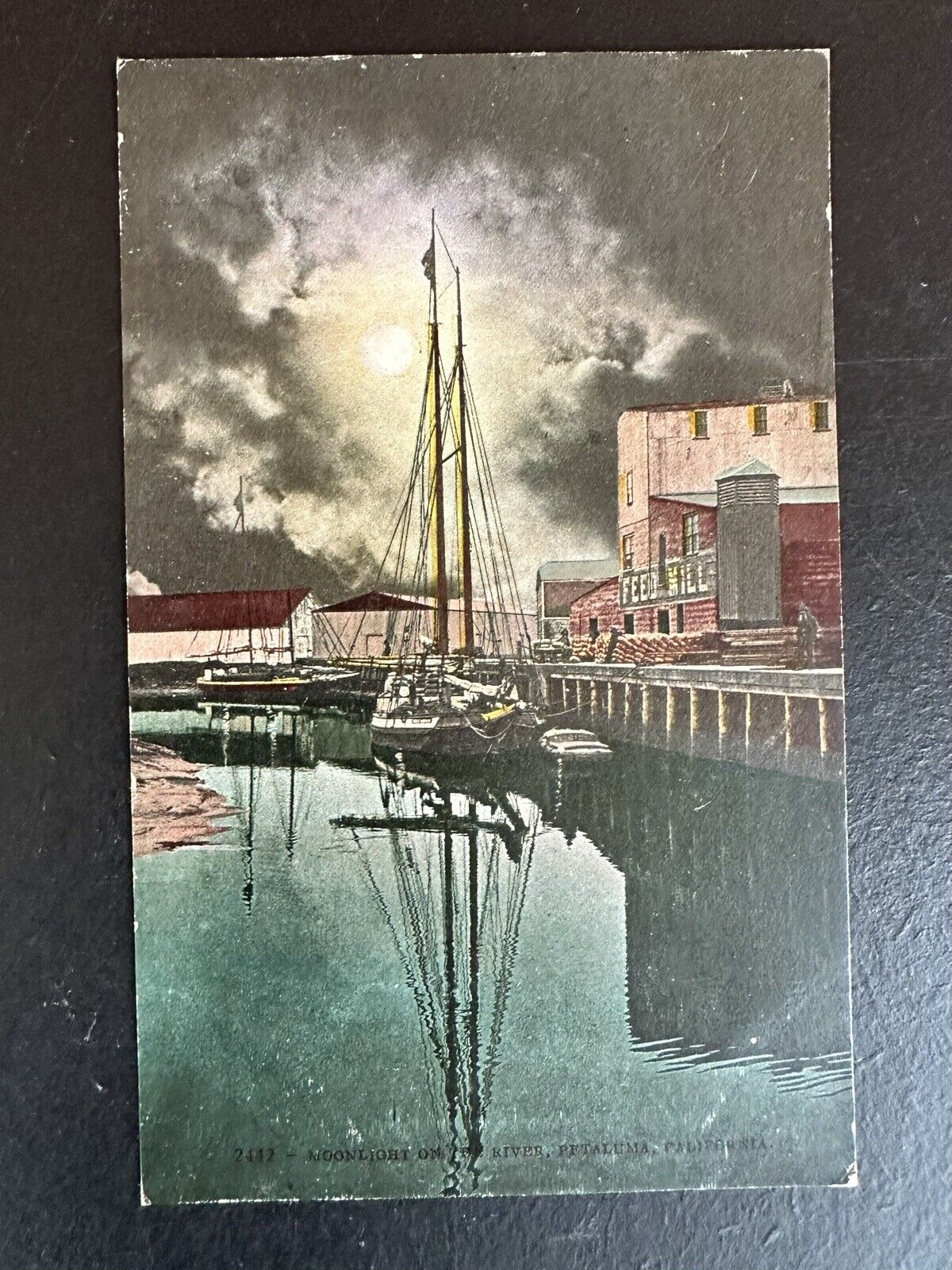 Postcard No. 2442 Moonlight On The River Petaluma California Ships Dock